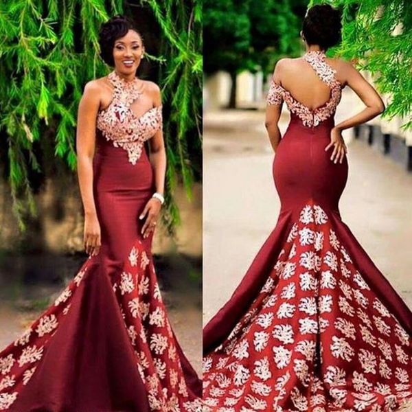

2019 robe de soirÃ©e african nigeria mermaid prom gown with floral appliques high neck evening gowns girls party formal gowns, Black