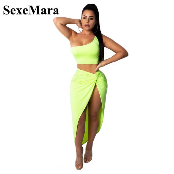 

anjamanor 2 piece set women club outfits neon green one shoulder crop and slit long skirt matching set d37-79, White