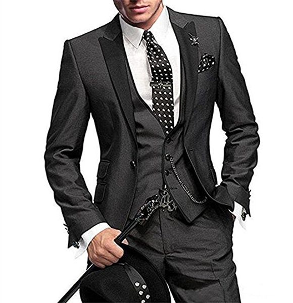 

classic peak lapel tuxedos groom wedding men suits mens wedding suits tuxedo costumes de smoking pour hommes men(jacket+pants+tie+vest) 134, Black;gray