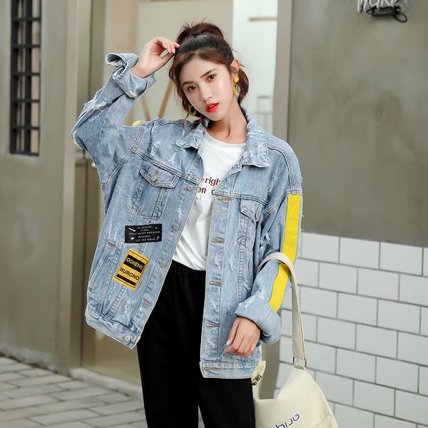 

2019 new style women's hole print denim short coat fashion casual long sleeve female turn down collar with pocket cow coat girls
