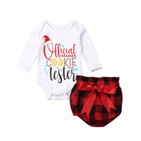 

fashion my 1st christmas baby girl romper print t-shirts+plaids bow shorts 2pcs set outfits clothes tracksuit, White
