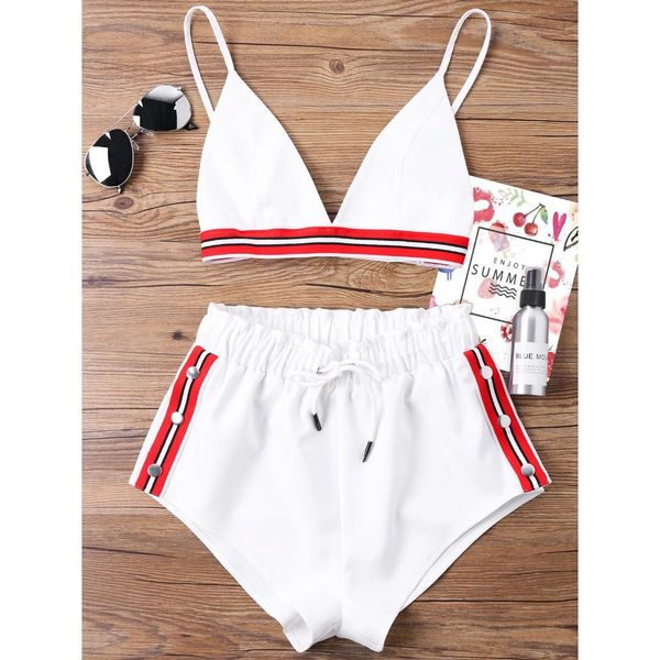

two pieces sportswear high cut bra running shorts female elastic waist crop beach suit outfits beachwear women sets, Black;blue