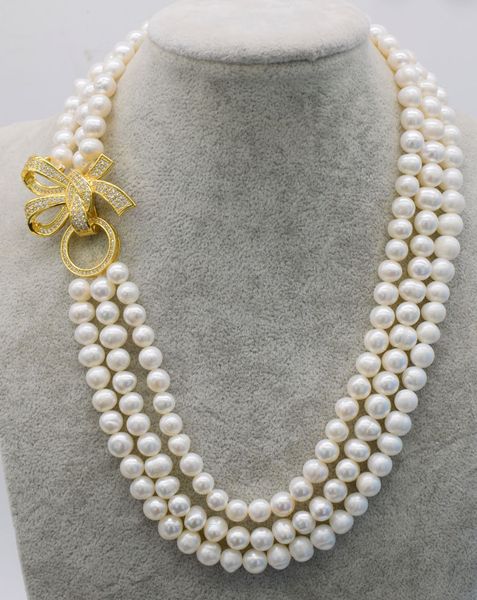 

beautiful new natural zircon clasp 3rows freshwater white pearl near round 7-8mm necklace 18-20" nature beads, Silver