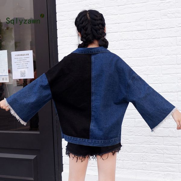 

2019 autumn patchwork denim jacket turn-down collar long sleeve personality women bf loose hole jacket bat sleeve denim, Black;brown