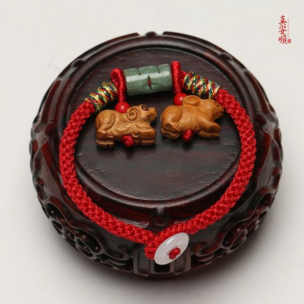 

authentic mahogany zodiac pig wear yang tu shou fu carry bracelet anklet auspicious happy ward off evil, Red;blue