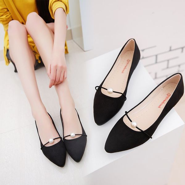 

nice women solid color suede flats heel pearl fashion basic pointed toe ballerina ballet flat slip on shoes, Black