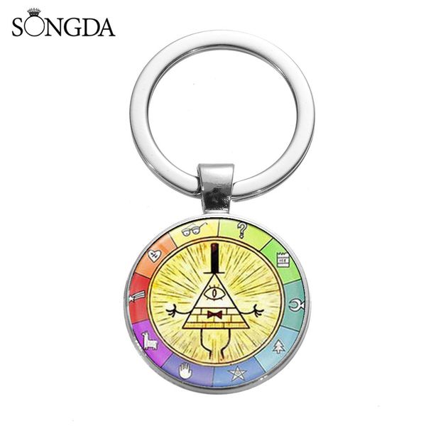 

songda anime gravity falls keychain bill cipher boss wheel cartoon pattern glass cabochon alloy key chain ring cosplay collection, Silver