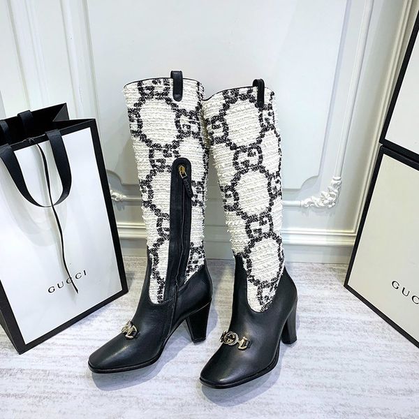 

autumn and winter europe and america outdoor boots high-heeled women's boots side zipper colorblock stripe matching with ms. knight boo, Black