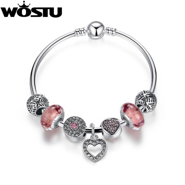 

silver pink heart charm bangle for women fashion diy beads fit original bracelet jewelry lover's gift xch3805
