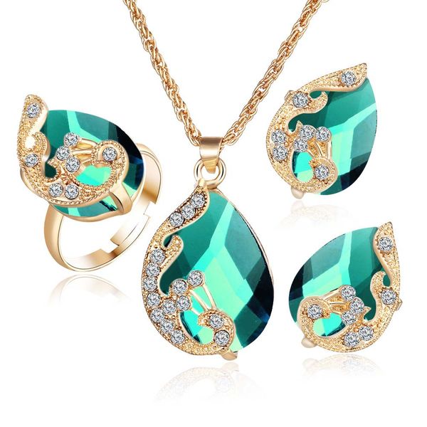 

crystal peacock jewelry sets bride wedding necklace earring ring set rhinestone gold color water drop pendant women accessories, Silver