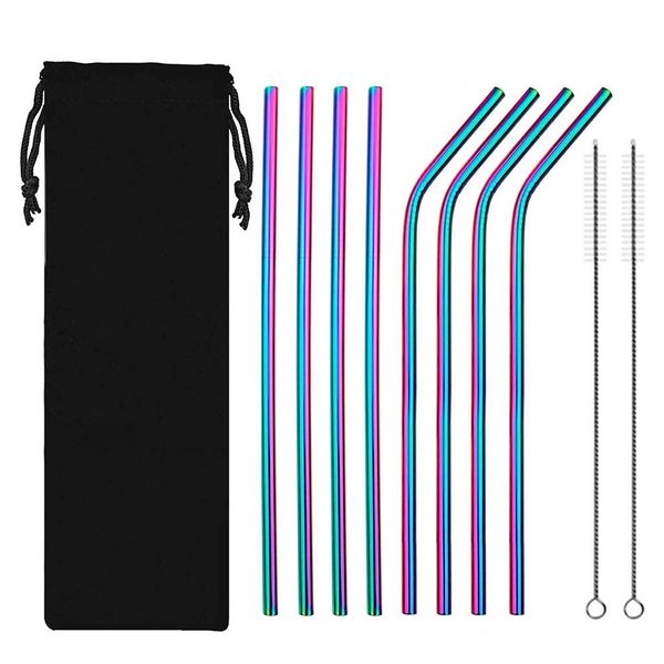 

10pcs/set stainless steel colorful metal drinking straw & cleaning brushes w/ storage bag drinkware for beverages coffee