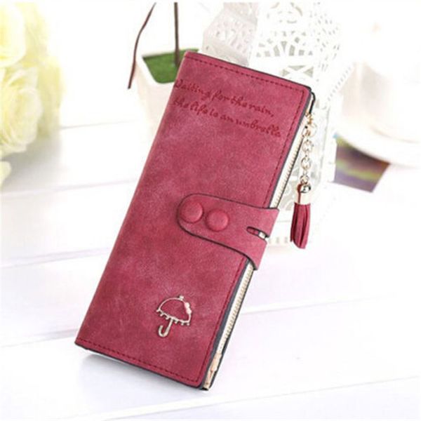 

new fashion women leather bifold wallet clutch card holders purse clutch tassel zipper button card holder lady long handbag, Red;black