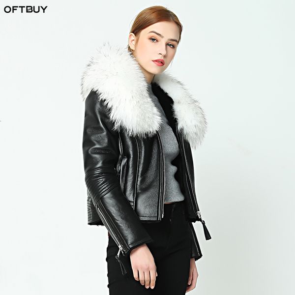 

oftbuy 2019 new winter jacket coat women real sheep skin leather jacket double-faced fur with raccoon dog fur collar wool liner y190926, Black;brown