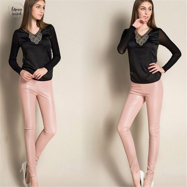 

new 2019 pants spring women faux leather clothing high waist slim faux leather lady fashion skinny fleece pu leather leggings, Black;white