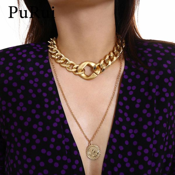 

purui multi layer thick chain charm necklace women carved coin pendant choker collar necklace statement fashion jewelry female, Silver