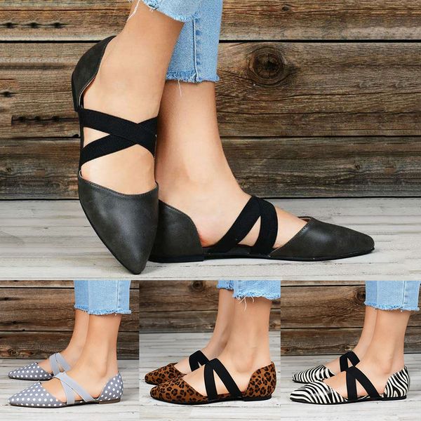 

shallow mouth elastic bandage pointed shoes woman solid casual artificial pu sandals women 2019 flat fashion leopard sandals, Black