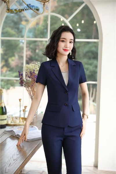 

summer short sleeve elegant blue professional women business suits with pants and styles blazers set pantsuits, White;black