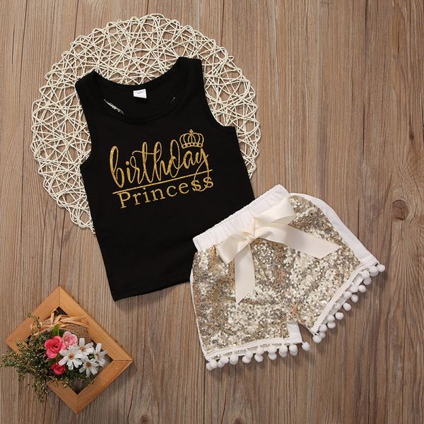 

retail baby girls letter printed golden sequin suits sleeveless black cotton vest shorts kids casual sets children boutique clothing, White