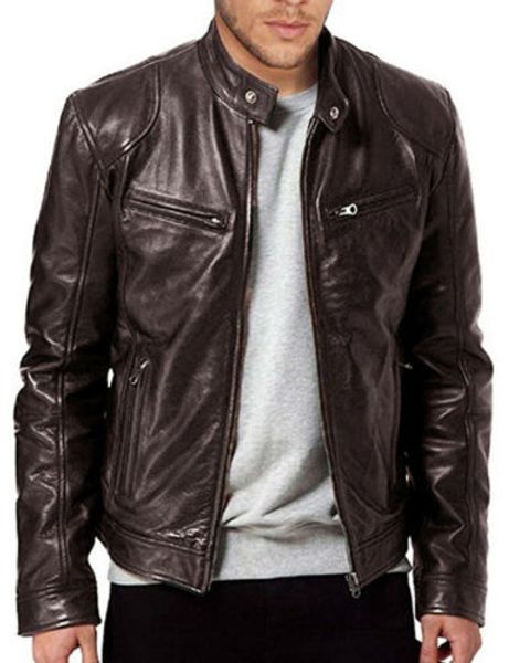 

men genuine lambskin leather jacket black & brown 2019 new fashion man winter warm slim fit zipper biker jacket coat streewear