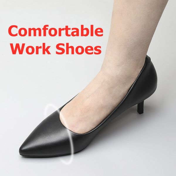 

women shallow pumps office pointed toe slip-on dress shoes low heels leather red sole work soft shoes size, Black