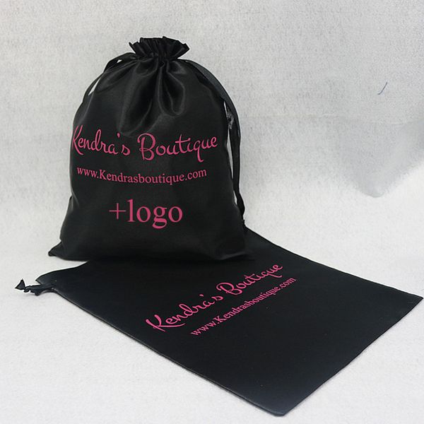 

20pcs black silk satin hair bag custom print own drawstring bag hair extension/makeup/wigs packing pouch gift pocket