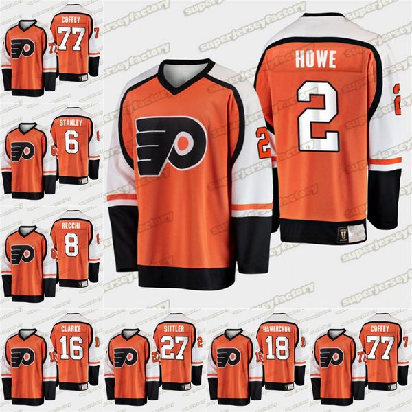 

2020 philadelphia flyers retirement jersey 2 mark howe 1 bernie parent 6 allan stanley 77 paul coffey 8 mark recchi 16 bobby clarke sittler, Black;red