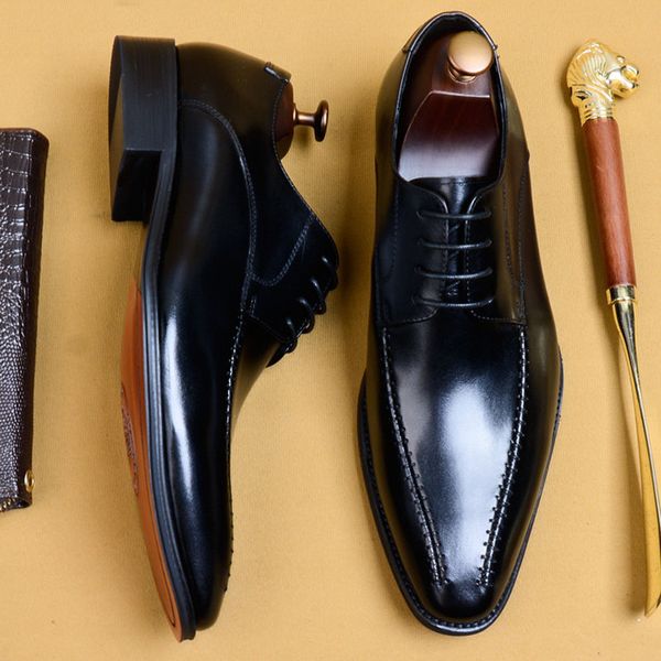 

italian mens dress shoes genuine leather shoes fashion lace up party formal business wedding office, Black