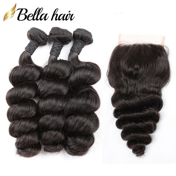 

loose wave hair bundles with closure 4x4 malaysian peruvian indian brazilian virgin hair weft extension lace closures part bellahair, Black