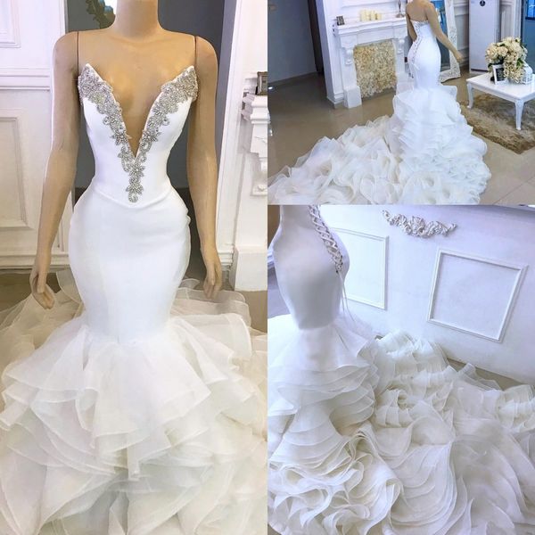 

organza tiered ruffles long mermaid wedding dresses spaghetti straps sleeveless open back formal bridal gowns sparkly rhinestones vestidos d, White