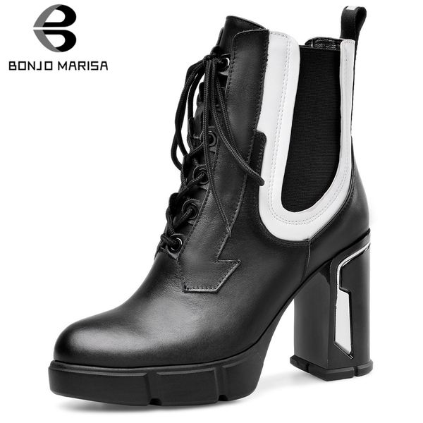 

bonjomarisa new concise 33-43 genuine leather ankle boots women 2019 platform booties ladies high heels shoes woman, Black