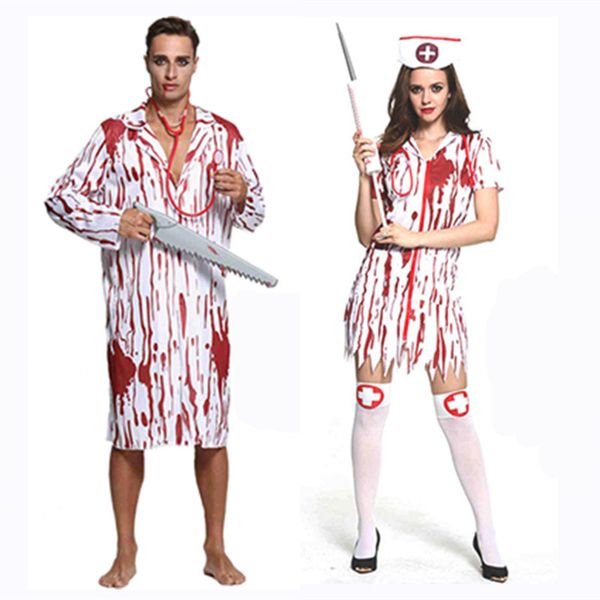 

halloween men women terror doctor nurse cosplay costume with blood printed costumes(not inclouding the props, Black;red