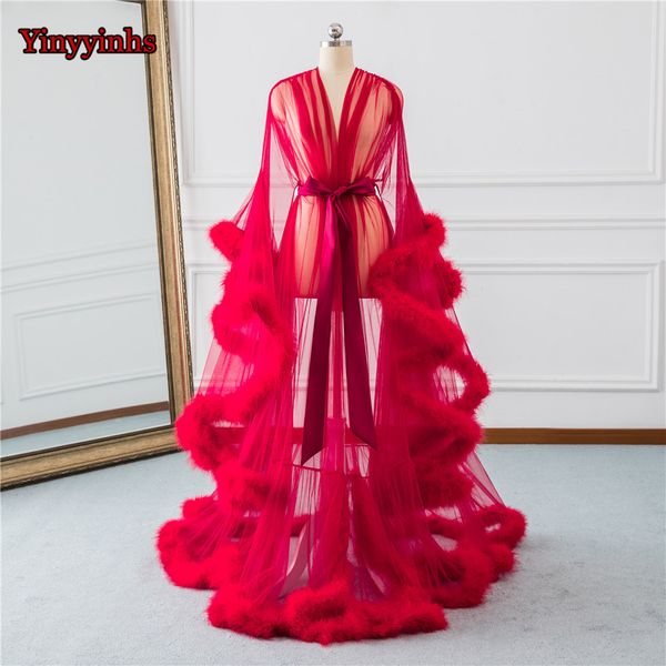 

bridal boudoir robe red feather trim bridal sheer robe tulle illusion long birthday feather costume homecoming party dress, White;black