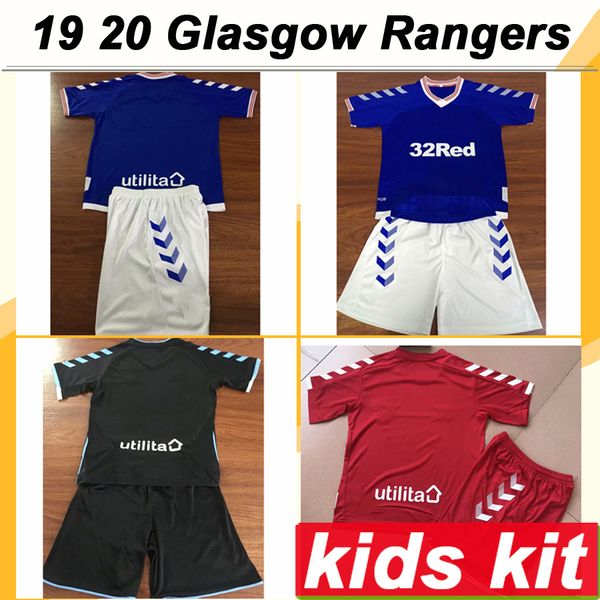 

19 20 glasgow rangers 8 gerrard kids kit soccer jerseys home away 3rd football shirts defoe dauis child short sleeves boy uniforms, Black