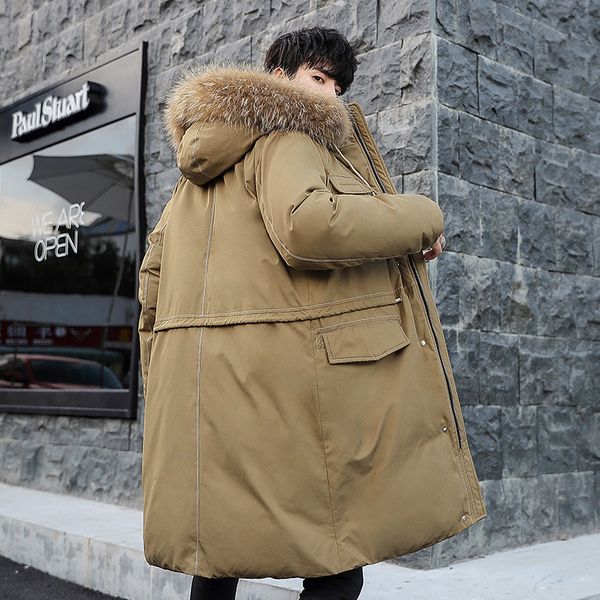 

2019 winter new style hooded down jacket men's mid-length 80% white duck down solid color thick warm coat men's wear, Black