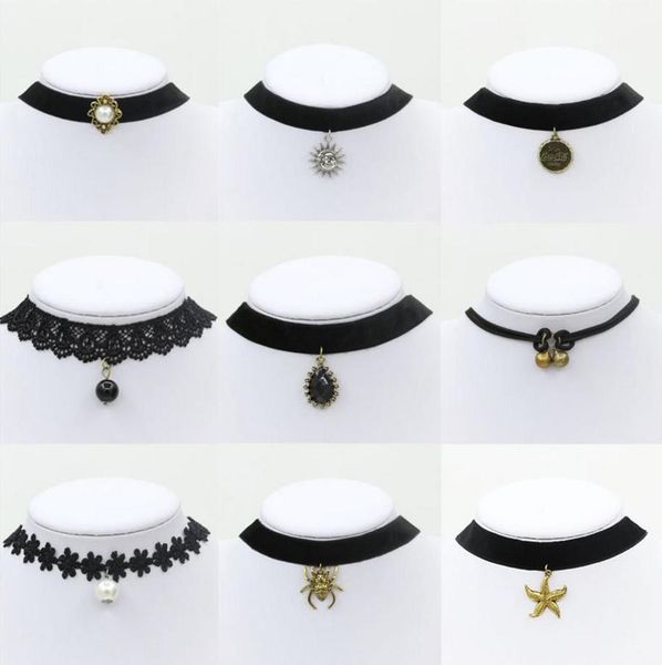 

black lace motarium cotton choker with spider sum bell starfish charm pendant gold silver plated plastic water-drop oval-shaped plastic bead, Golden;silver