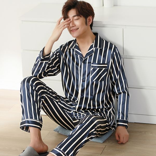 

silver stripe satin men pajama sets long sleeve autumn silk sleepwear for men suit pijama man summer two-piece pyjama l-xxxl, Black;brown