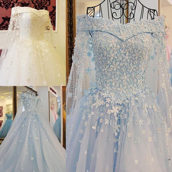 

Modest Blue Off The Shoulder Wedding Dresses With Long Capes Beaded Pearls Applique Lace Up Back Bridal Wedding Gowns