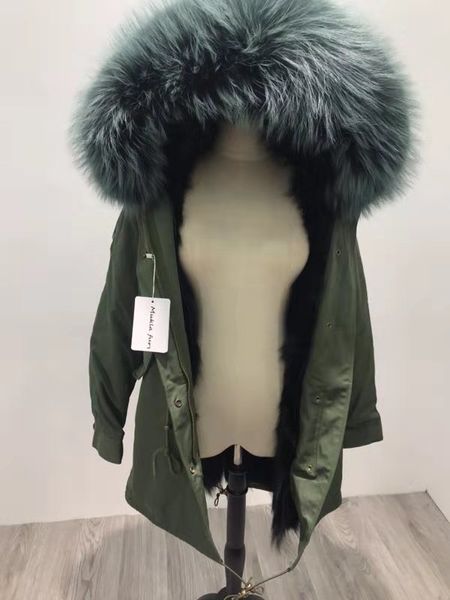 

mukla furs brand olive raccoon fur trim women winter coats olive silver fox fur lining army green canvas long parkas snow coats germany, Black
