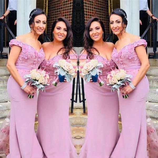 

stylish mermaid beaded bridesmaid dresses off the shoulder lace appliqued country maid of honor gowns floor length satin wedding guest dress, White;pink