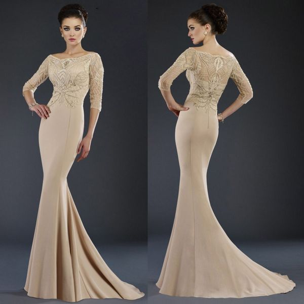 Elegante Janique Mermaid Mutter der Braut Kleider Juwel Juwel halb Ärmeln Spitzen Applikat Kristall Hochzeit Gäste Kleid Sweep Zug Abendkleider