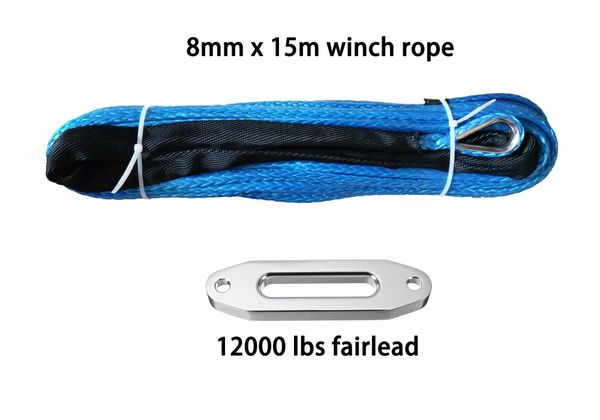 

yzhyrn 8mm x 15m synthetic winch line 12 strand uhmwpe rope with black sheath with12000lbs fairlead ing