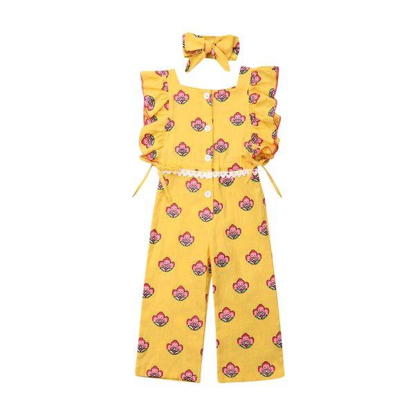 

us toddler baby girl yellow floral clothes ruffle romper jumpsuit pants headband outfit, White