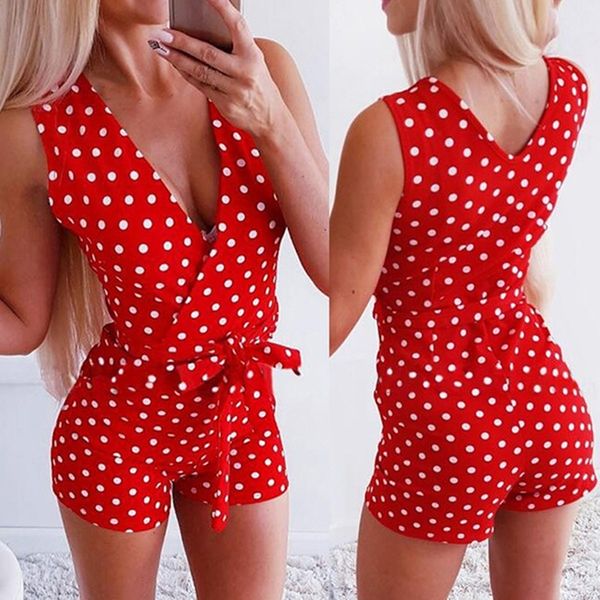 

2019 summer new sleeveless summer beach polka cot printed shahes playsuits deep v neck women fashion jumpsuit, Black;white
