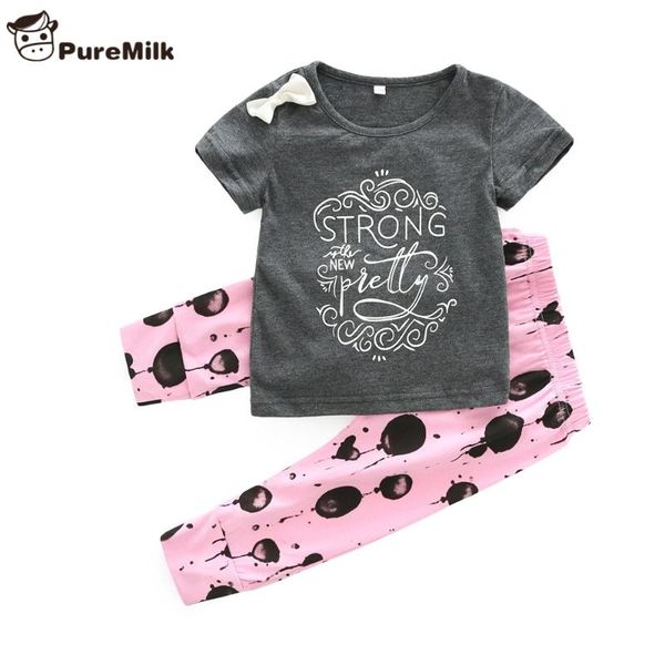 

puremilk девочки одежда casual детская одежда 2pcs set коротким рукавом футболка с bowtie + pink леггинсы, White