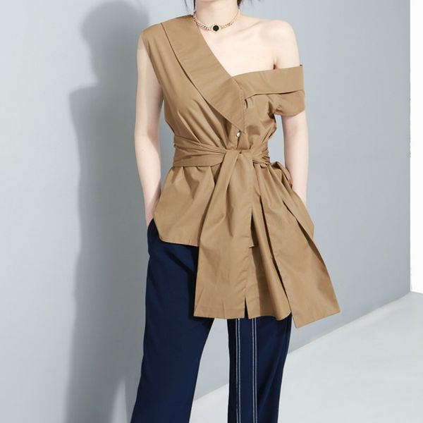 

2019 korean original design sleeves drawstring blouse irregular sloping shoulder shirt women's fashion shirt 279, White