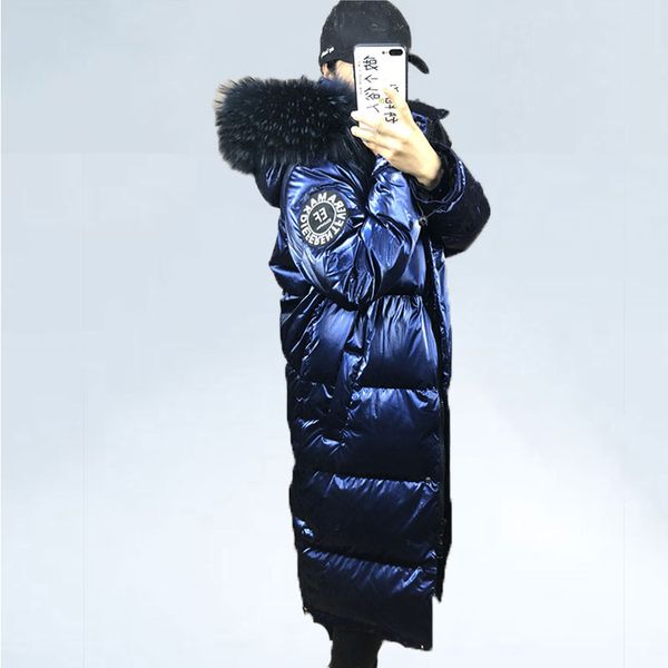 

raccoon fur collar winter down coats women 2019 long jackets fashion bright hooded parka down jacket female outerwear warm, Black