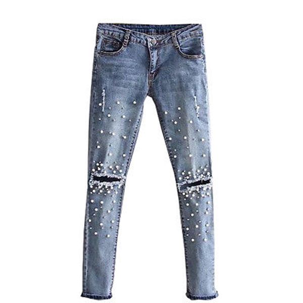 

woman jeans fashion hole womens ripped jeans knee cut skinny fit stretchy ladies denim pearl, Blue