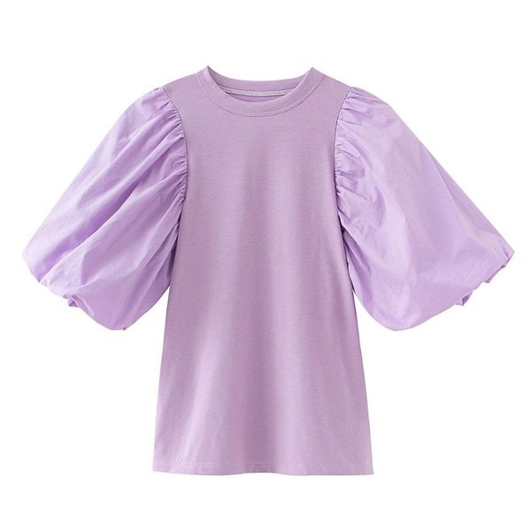 

women's t-shirt 2021 summer french retro round neck bubble short sleeve slim wild design, White