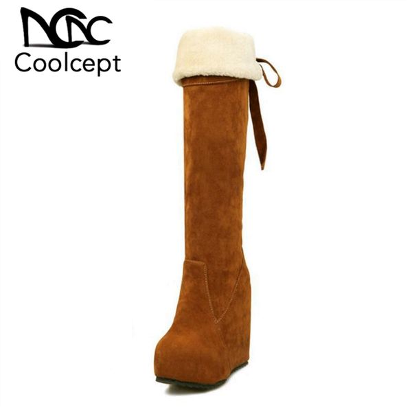 

coolcept women high wedges boots snow plush fur knee high boots warm winter shoes women thick fur footwear size 32-43, Black