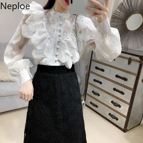 

neploe корейский o-образным вырезом вышивки рябить лоскутная блузка рубашка женщины фонарь с длинным рукавом рубашки 2020 весна кнопки топы, White